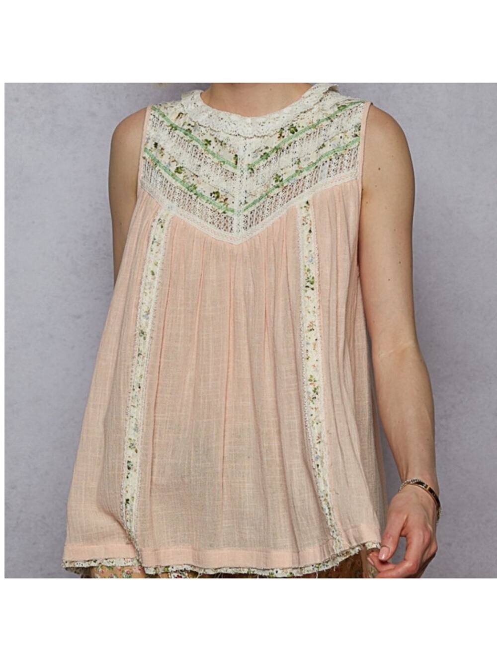 POL Blush & Lace Embroidery Trim Yoke Soft Gauzy Raw Hem Top